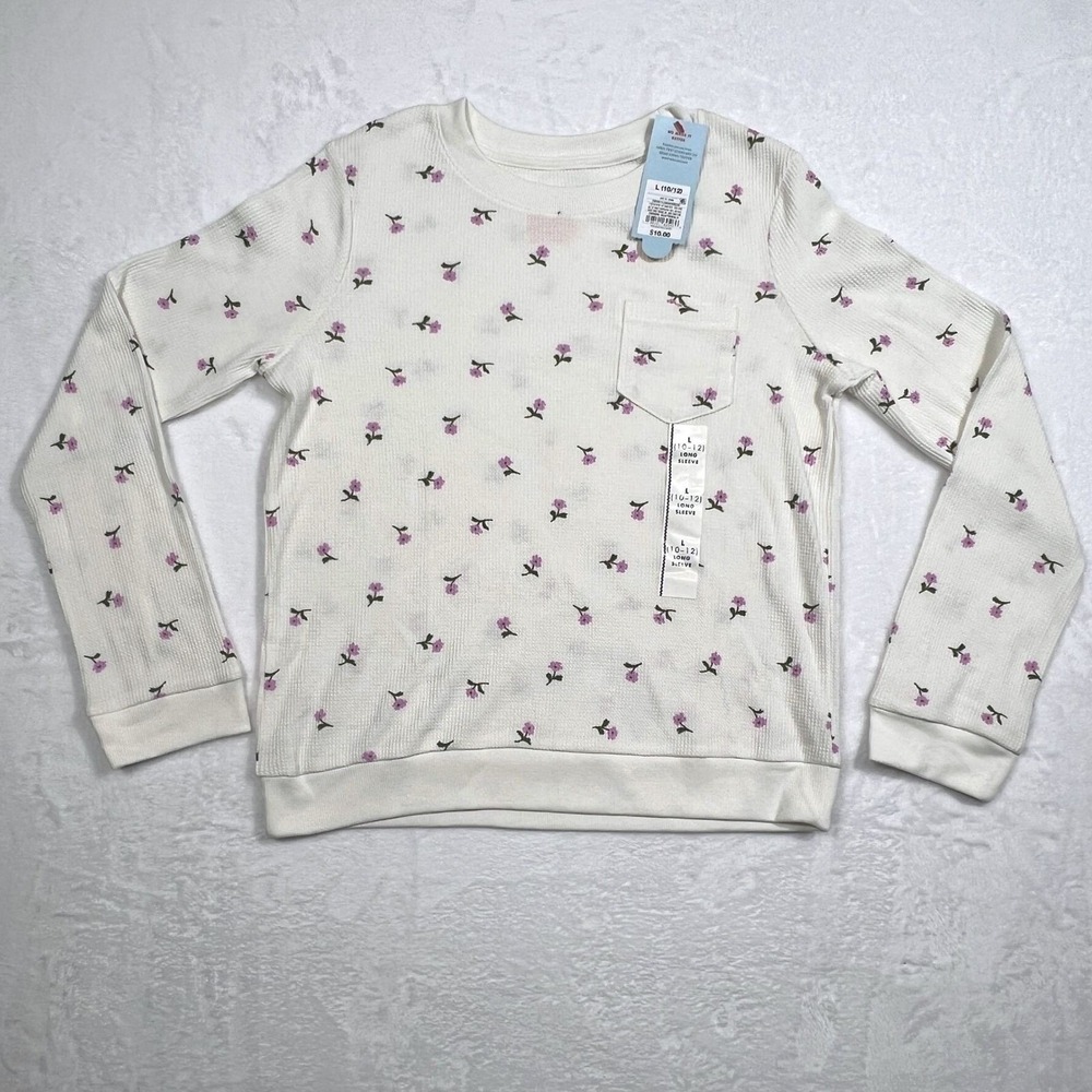 NWT Cat & Jack Girls Cream Purple Ditsy Floral Waffle Knit Top Pocket L 10/12
